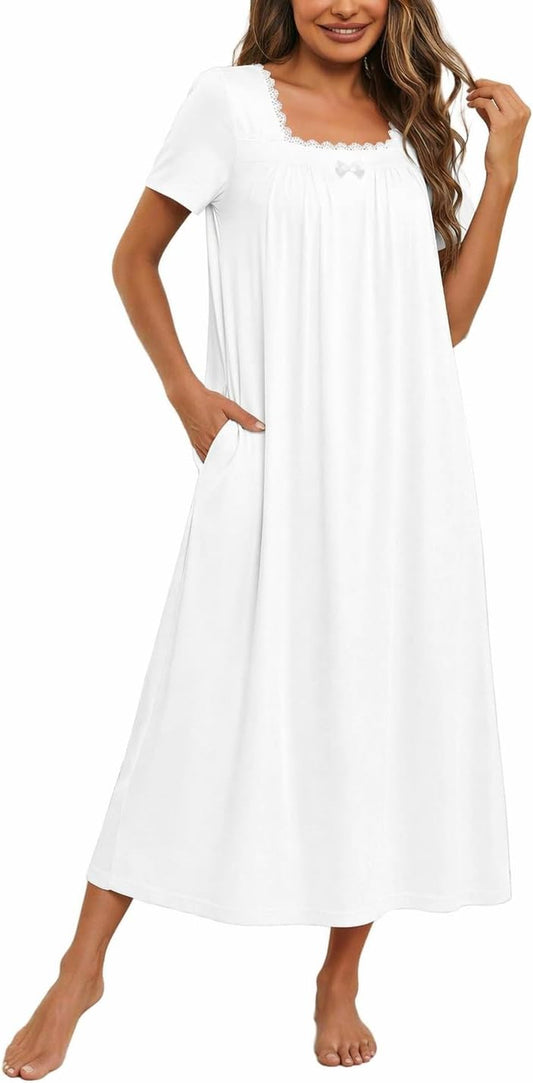 Ekouaer Cotton Long Nightgowns for Women Vintage House Dress with Pockets