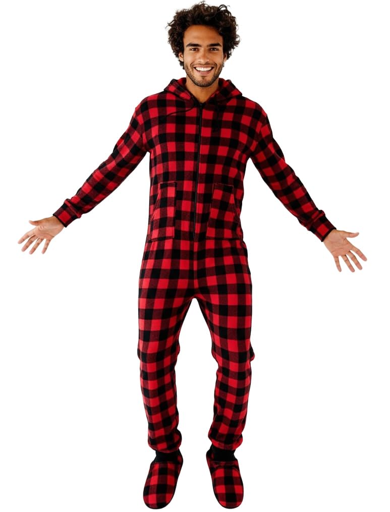 Men's Long Sleeve Plush Fleece Hooded Adult Onesie, Footie Pajamas
