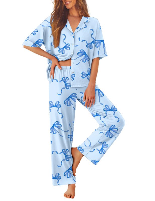 Ekouaer Women Pajamas Set Button Down Sleepwear Short Sleeve Pjs Long Pants