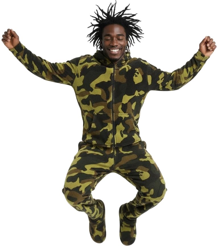Men's Long Sleeve Plush Fleece Hooded Adult Onesie, Footie Pajamas