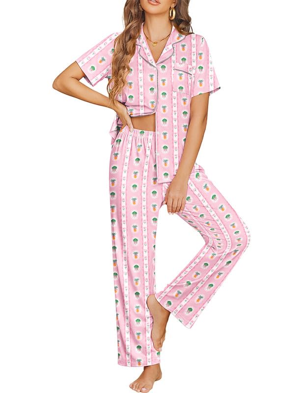 Ekouaer Womens Pajama Sets Button Down Lounge Sets 2 Piece Short Sleeve Pjs