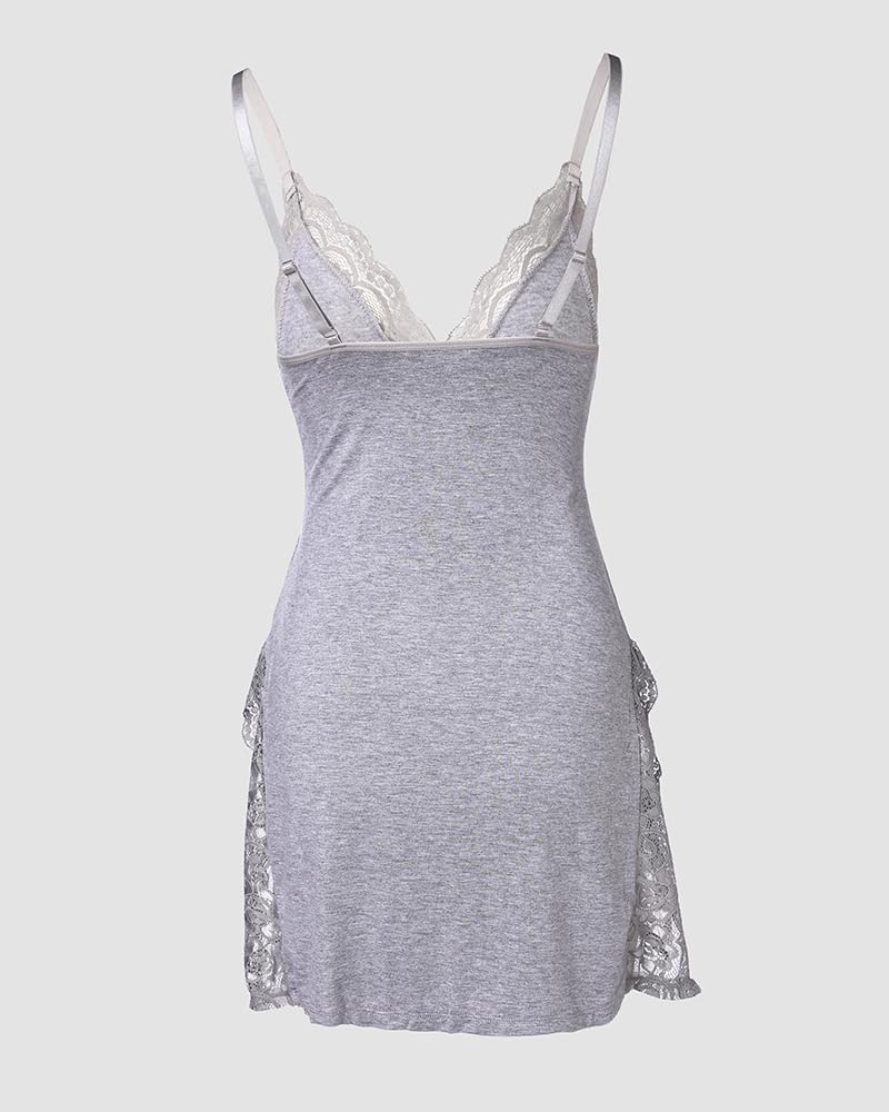 CHICME Women's Lace Trim Nightgown Side Slit Modal Sleep Dress