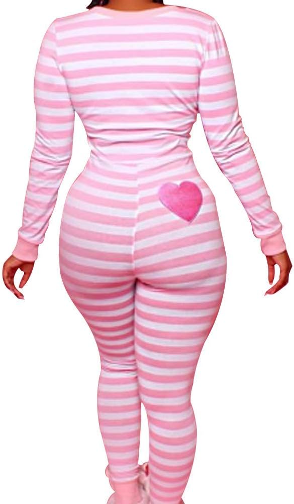 Women Christmas Button V-Neck Jumpsuit Long Sleeve Bodycon Pajama Sleepwear