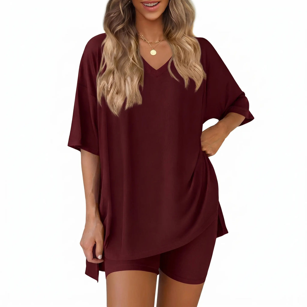Women's 2-Piece Casual Loungewear Set: Summer Loose-fitting V-neck Short-sleeved Slit Top and High-waisted Shorts Sports Set