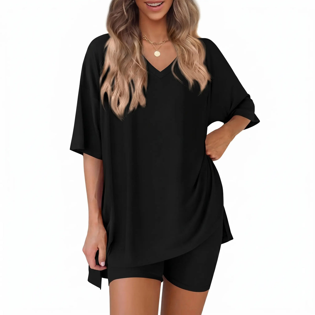 Women's 2-Piece Casual Loungewear Set: Summer Loose-fitting V-neck Short-sleeved Slit Top and High-waisted Shorts Sports Set