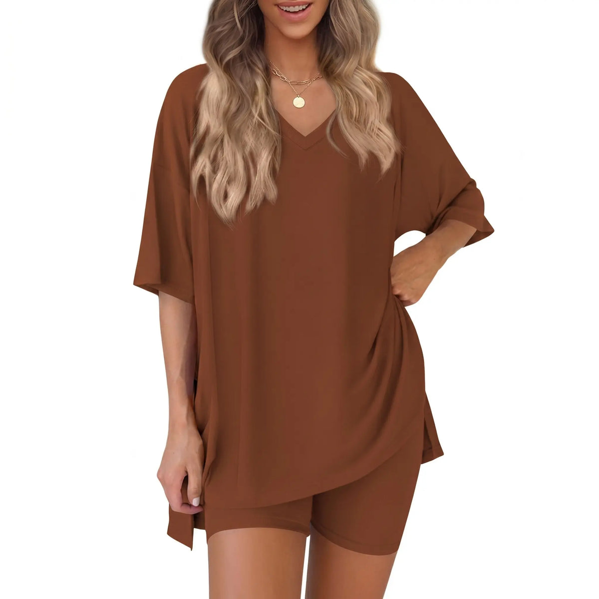 Women's 2-Piece Casual Loungewear Set: Summer Loose-fitting V-neck Short-sleeved Slit Top and High-waisted Shorts Sports Set