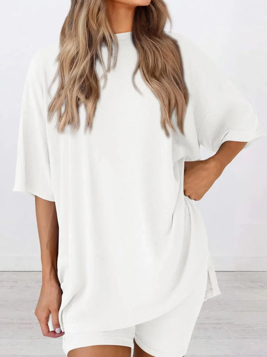 Women's Solid Color T-Shirt and Shorts Matching Set, Basic Minimalist Lightweight Breathable Comfortable Round Neck Summer Loungewear, Home Wear Loungewear, Ladies Loungewear, Women's Casual Sleepwear, Pajamas, Stylish Nightwear, Outfit