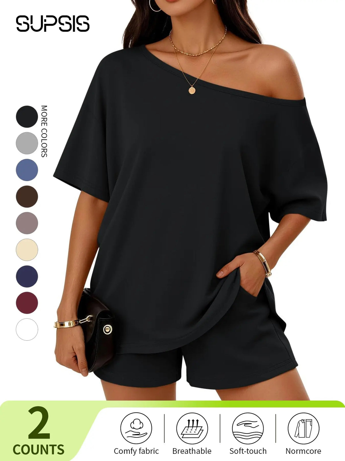 Women's Casual Two-Piece Loungewear Set, Pajama Set, Off-Shoulder Top & Loose-Fitting Elastic Shorts, Summer Nightwear Set
