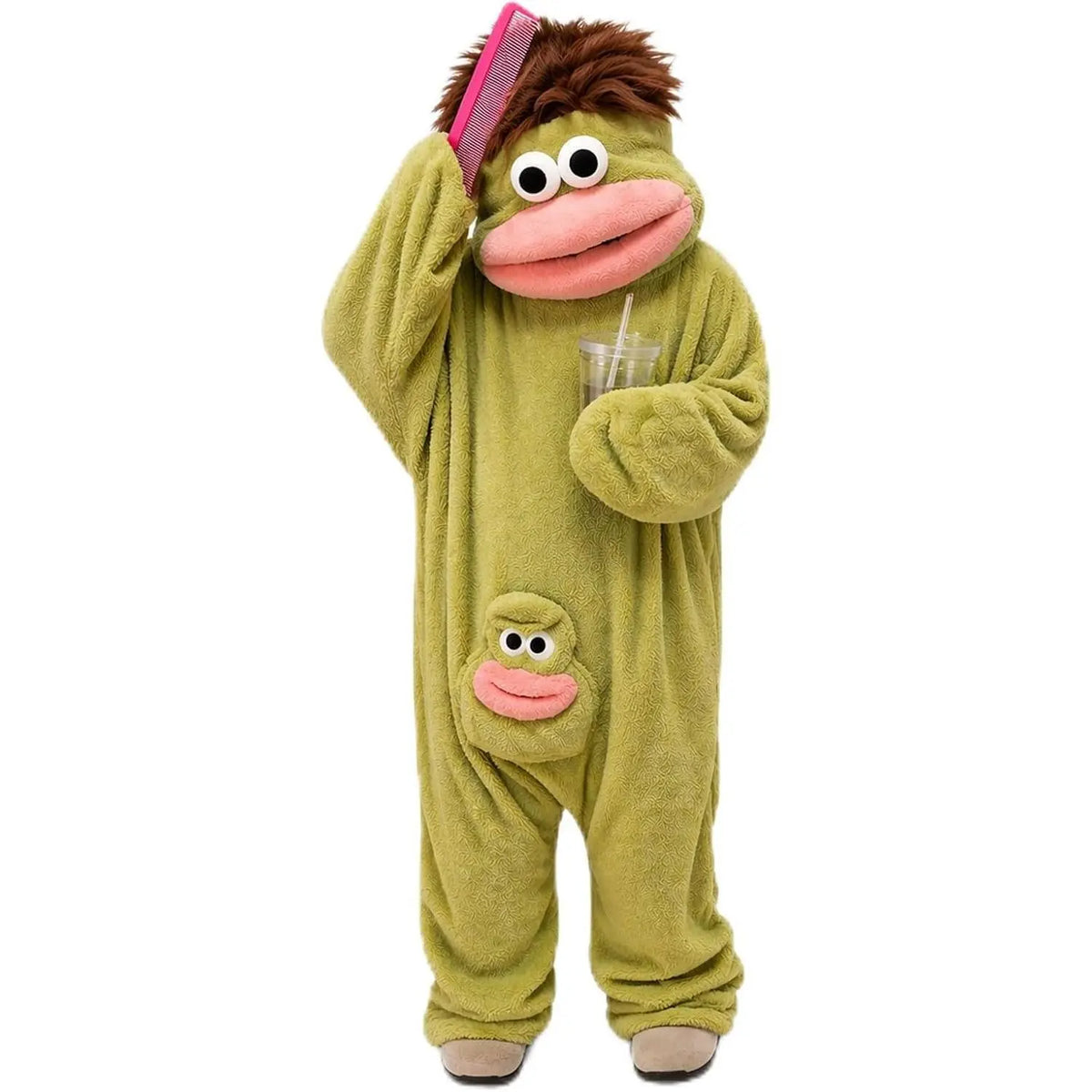 Black Big Mouth Character Onesie for Adults, One-Piece Pajama Costume with Cream Shaggy Hair, Bright Red Fabric Lips, Rounded Sleeve Ends and Matching Face Pocket for Halloween, Sleepovers and Funny Photos