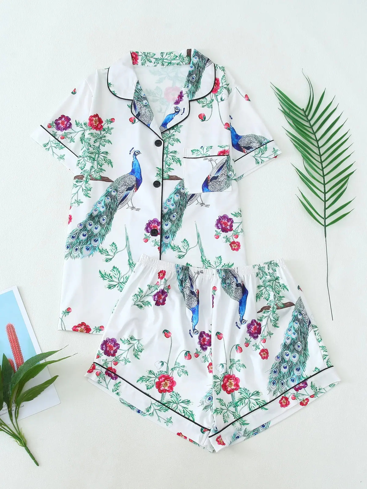 2 Counts Women's All Over Print Contrast Binding Lapel Shirt & Shorts Pyjama Set, Back To School Button Front Short Sleeve Top & Elastic Waist Shorts Pj Lounge Set For Fall, Casual Two-piece Sleepwear Loungewear Co-ord Set for Women