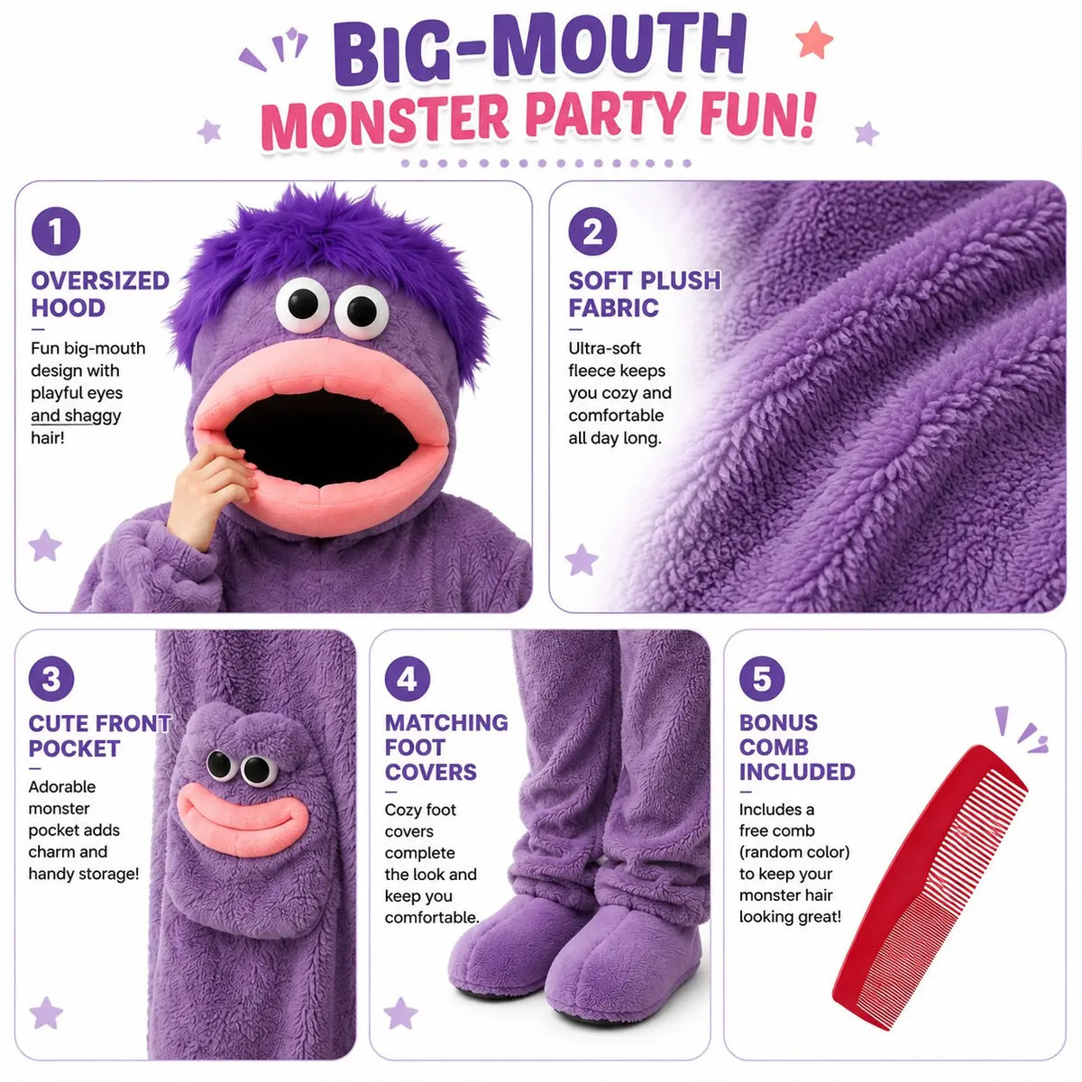 2026 Adult Polyester Plush Hooded Party Onesie, Soft Fleece Long-Sleeve Full-Body Funwear, Cute Face Pocket, Movable Puppet Mouth Monster Design, Festive Photo Apparel for Holidays & Gatherings (All-Season)