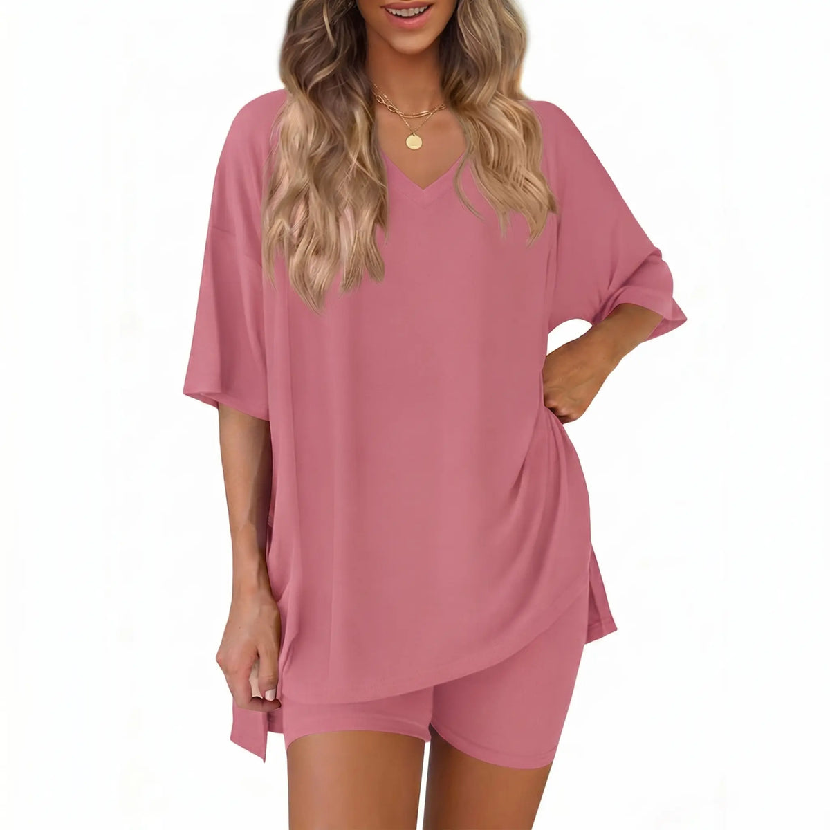 Women's 2-Piece Casual Loungewear Set: Summer Loose-fitting V-neck Short-sleeved Slit Top and High-waisted Shorts Sports Set