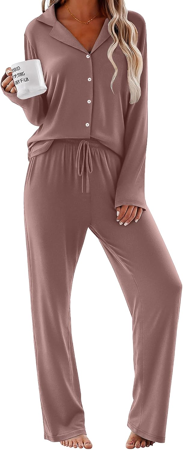 Ekouaer Pajamas for Women Set Button Up Pjs 2 Piece Long Sleeve Lounge Sets