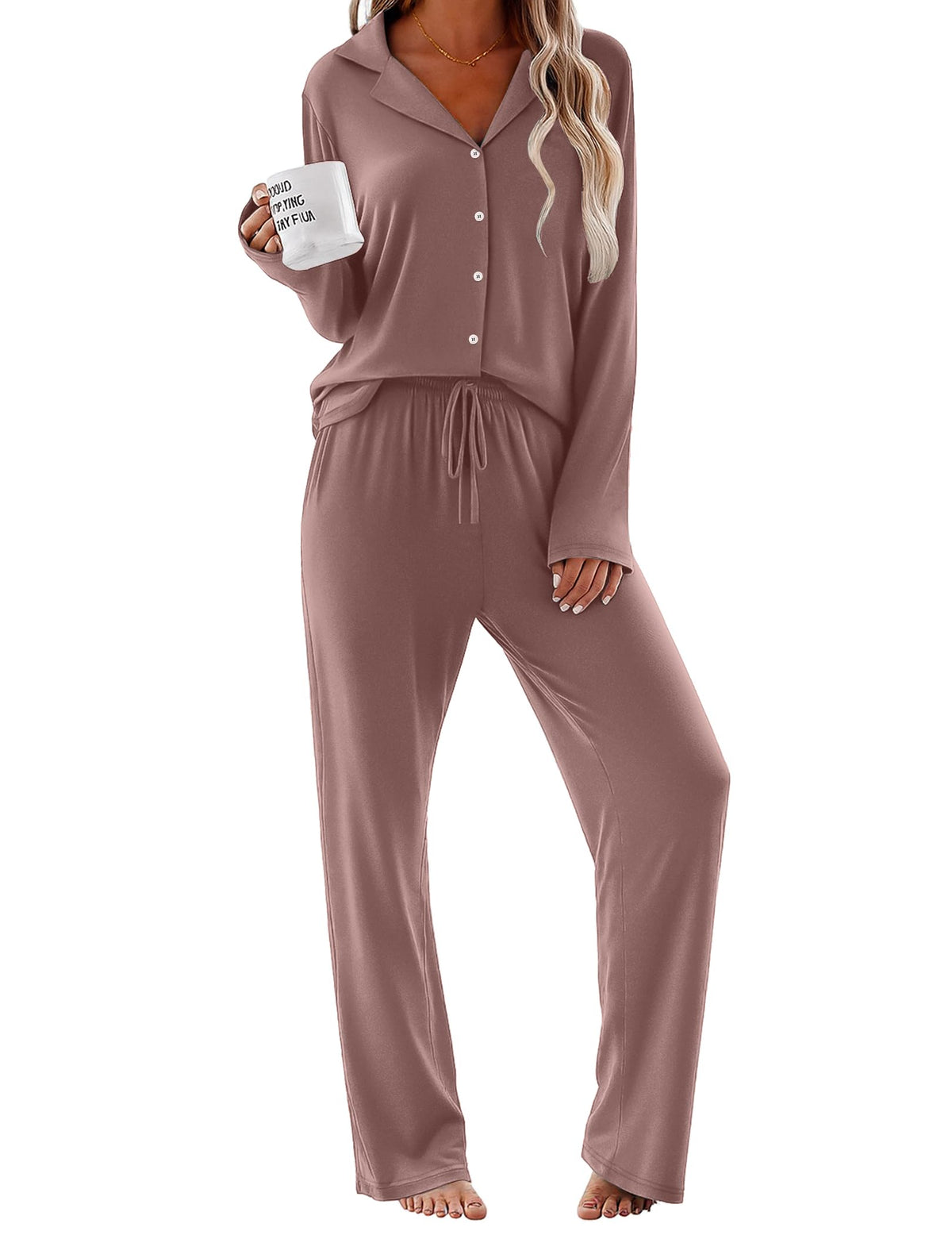 Ekouaer Pajamas for Women Set Button Up Pjs 2 Piece Long Sleeve Lounge Sets
