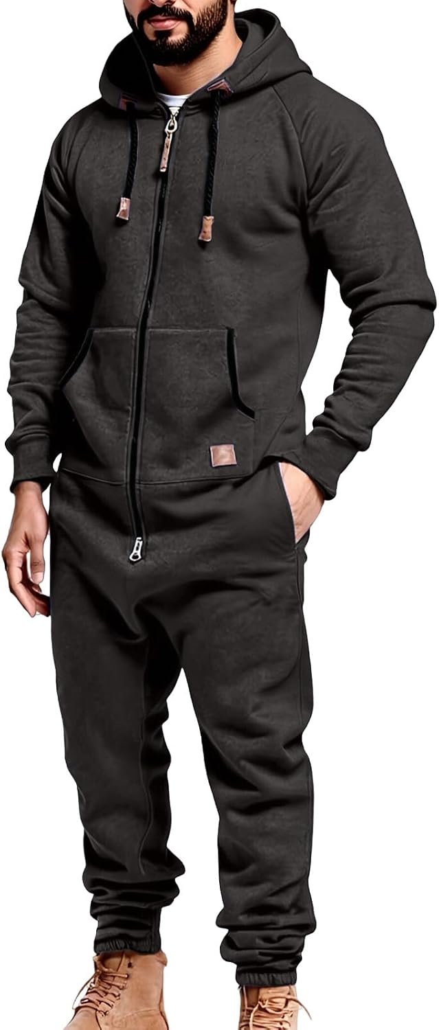 Mens Fleece Lined Hooded Jumpsuit Zip Up One Piece Pajamas Playsuit Jogger Sweatsuit Overall Romper Winter Tracksuit
