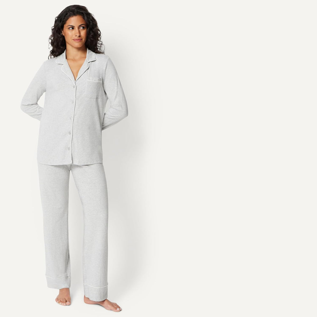Amazon Essentials Women's Cotton Modal Long-Sleeve Notch Collar Shirt and Full-Length Elastic Waist Pajama Pant Set