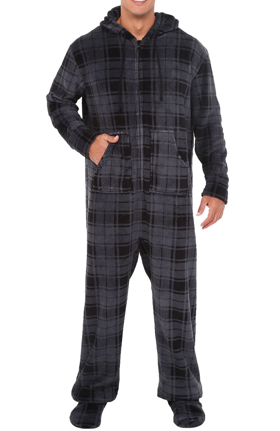 Men's Long Sleeve Plush Fleece Hooded Adult Onesie, Footie Pajamas