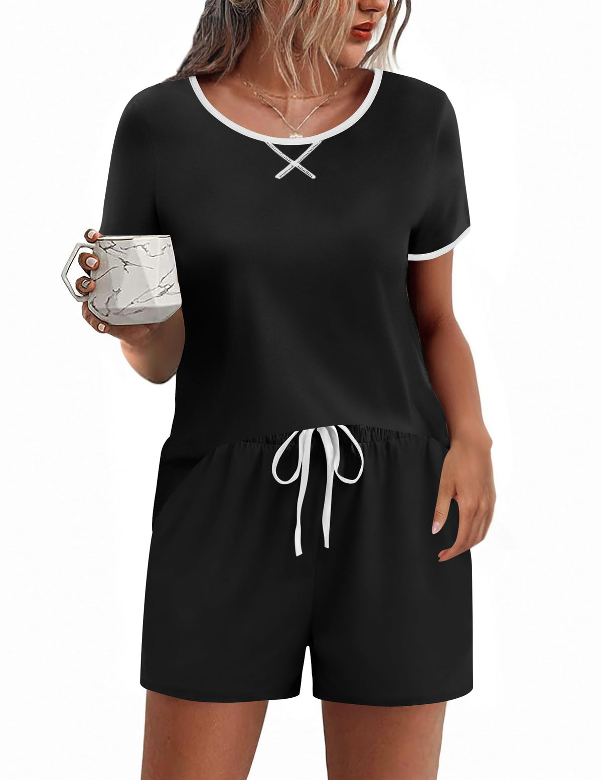 Ekouaer Women Pajama Set Casual Shorts Sets Short Leeve Lounge Set