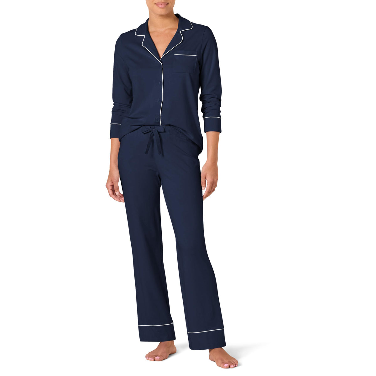 Amazon Essentials Women's Cotton Modal Long-Sleeve Notch Collar Shirt and Full-Length Elastic Waist Pajama Pant Set