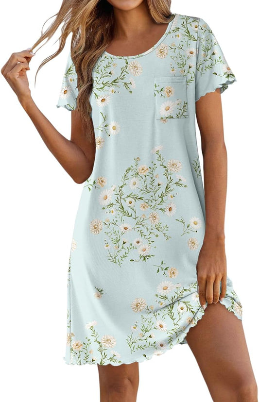 Ekouaer Bamboo Viscose Sleep Shirts for Women Short Sleeve Nightgowns