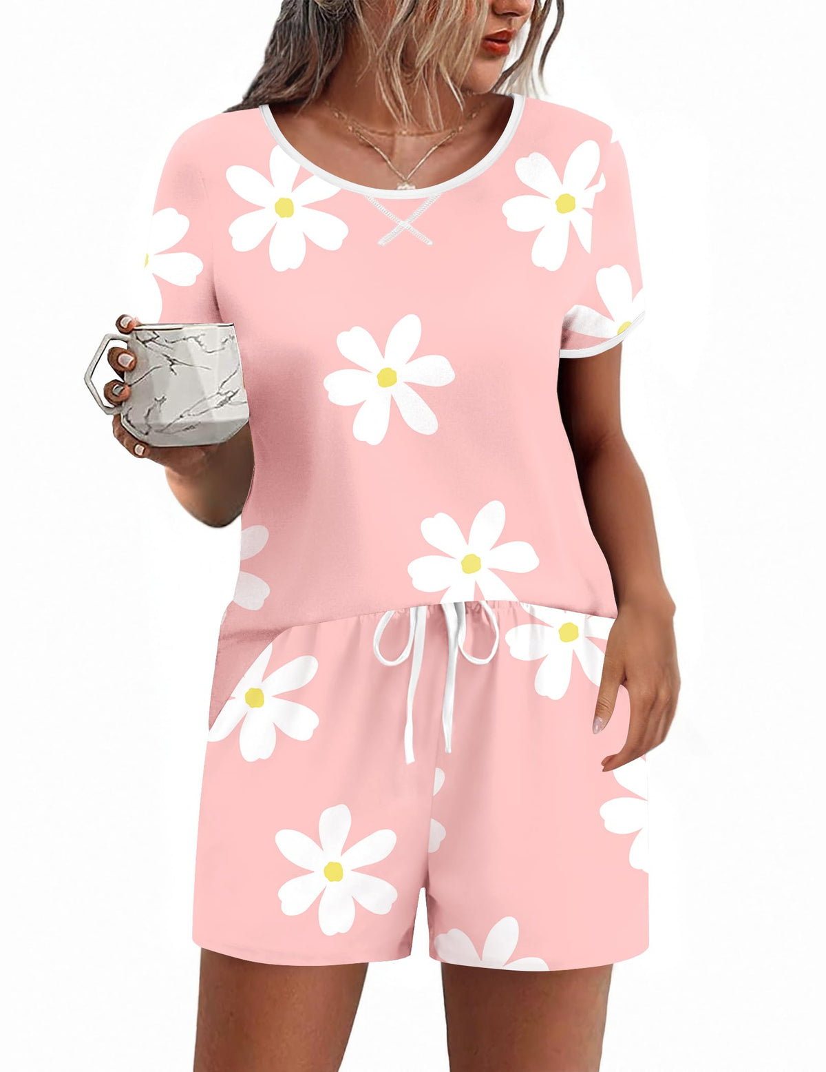 Ekouaer Women Pajama Set Casual Shorts Sets Short Leeve Lounge Set