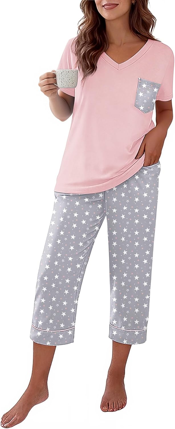 Ekouaer Cotton Pajamas for Women Set Short Sleeve Top and Capri Pants
