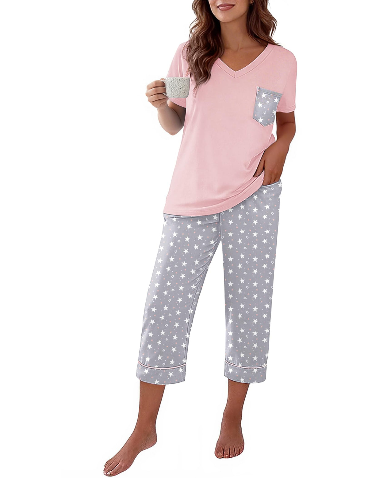 Ekouaer Cotton Pajamas for Women Set Short Sleeve Top and Capri Pants