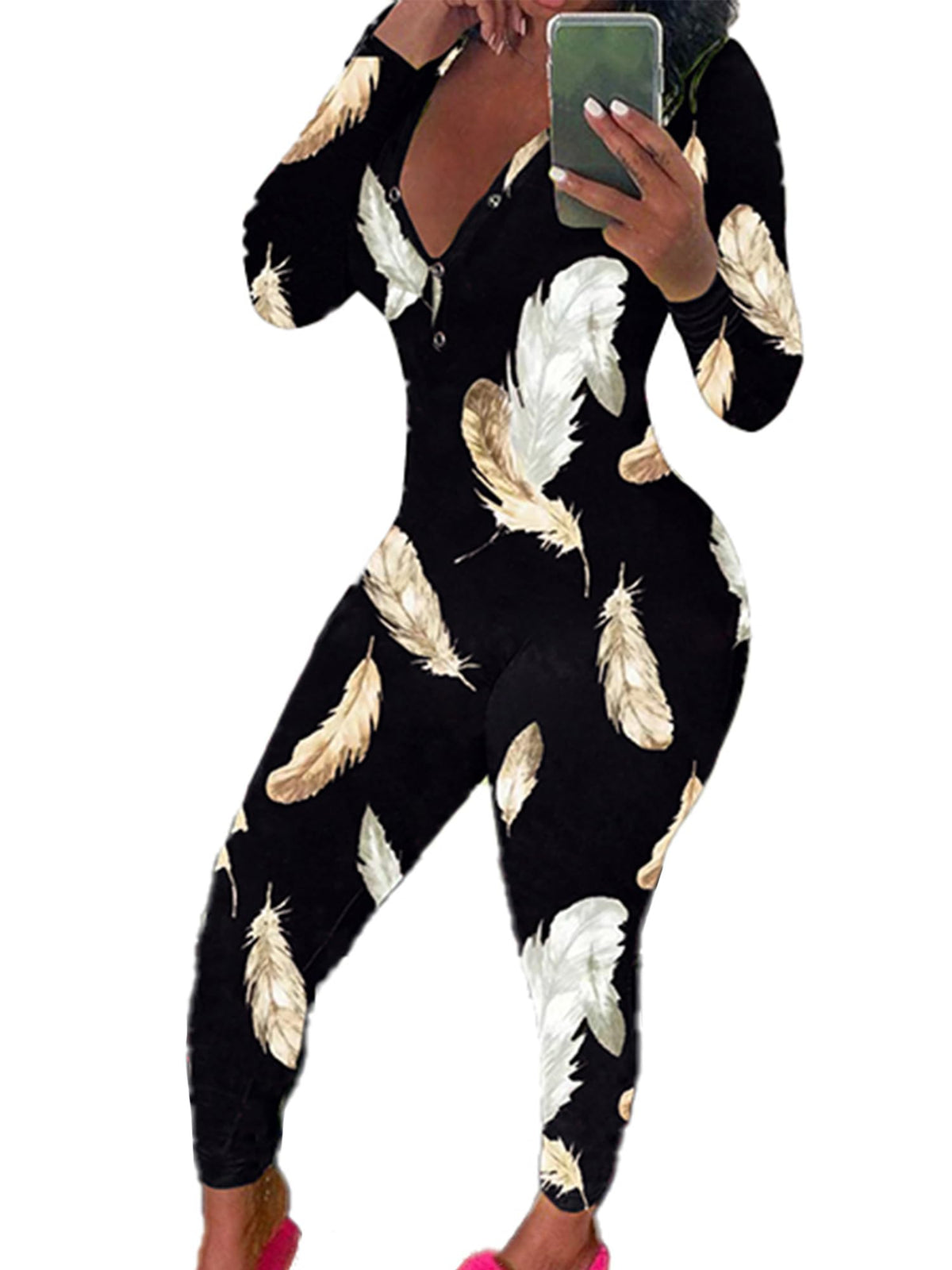 Womens Long Sleeve Button Down One Piece V Neck Bodycon Jumpsuit Pajamas
