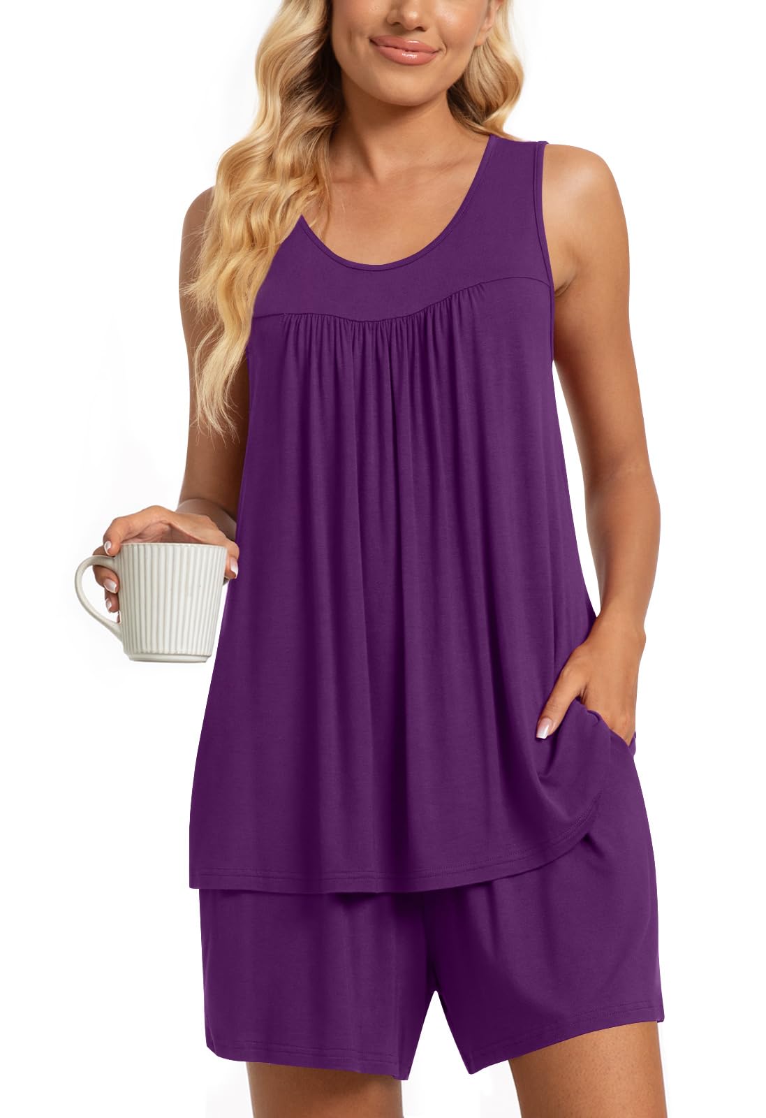 TAOHUADAO 2 Piece Women's Sleeveless Pajama Sets, Lounge Sleepwear Ladies Pjs Sets with Pockets