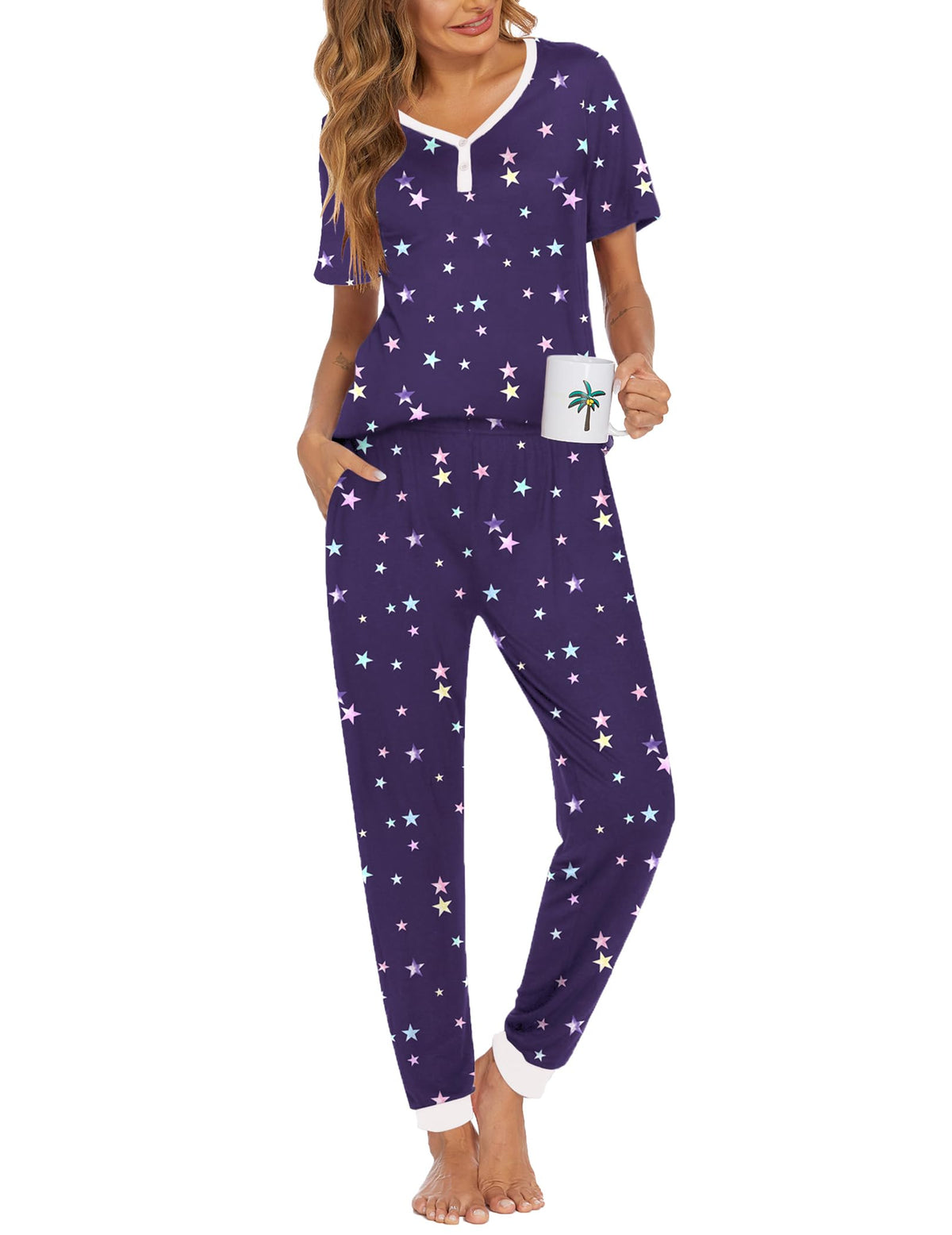 Ekouaer Pajamas for Women Set 2 Piece Short Sleeve Fall Pjs with Pockets