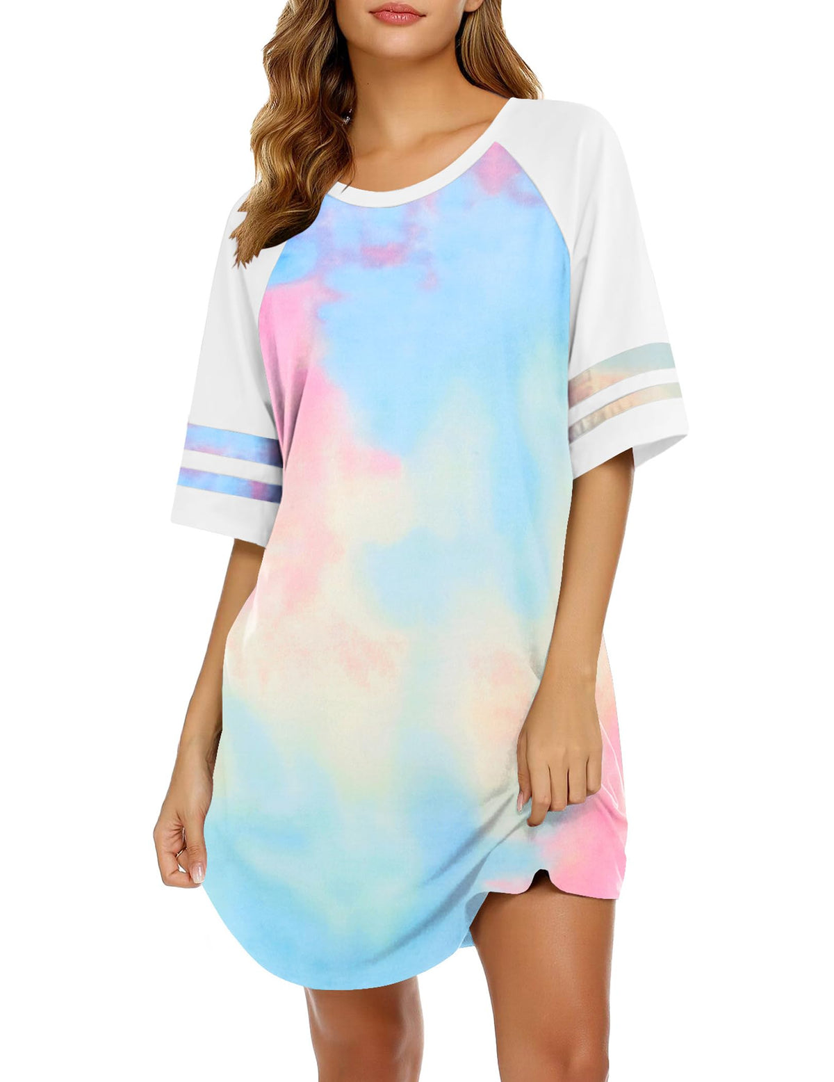 Ekouaer Cotton Nightgowns for Women Color Block Short Sleeve Sleep Shirts