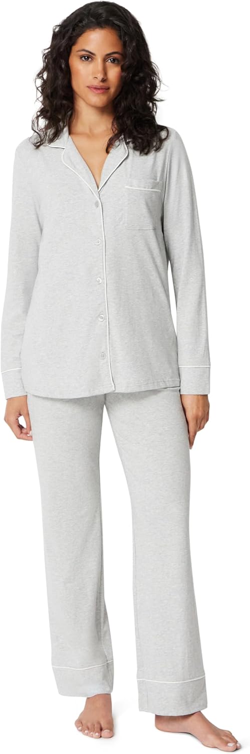 Amazon Essentials Women's Cotton Modal Long-Sleeve Notch Collar Shirt and Full-Length Elastic Waist Pajama Pant Set
