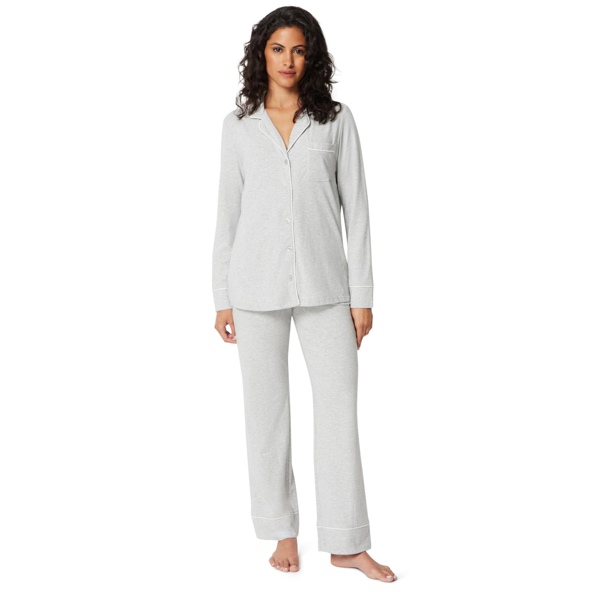 Amazon Essentials Women's Cotton Modal Long-Sleeve Notch Collar Shirt and Full-Length Elastic Waist Pajama Pant Set