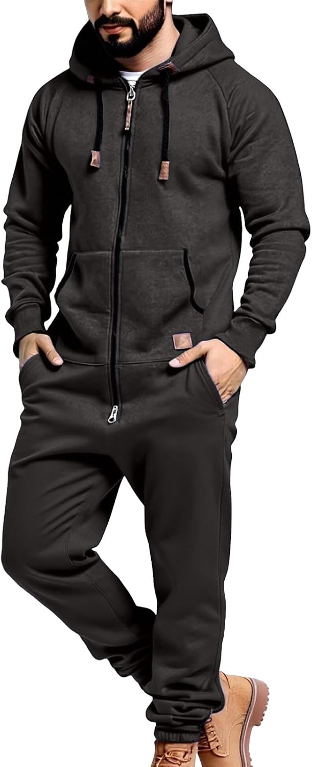 Mens Fleece Lined Hooded Jumpsuit Zip Up One Piece Pajamas Playsuit Jogger Sweatsuit Overall Romper Winter Tracksuit