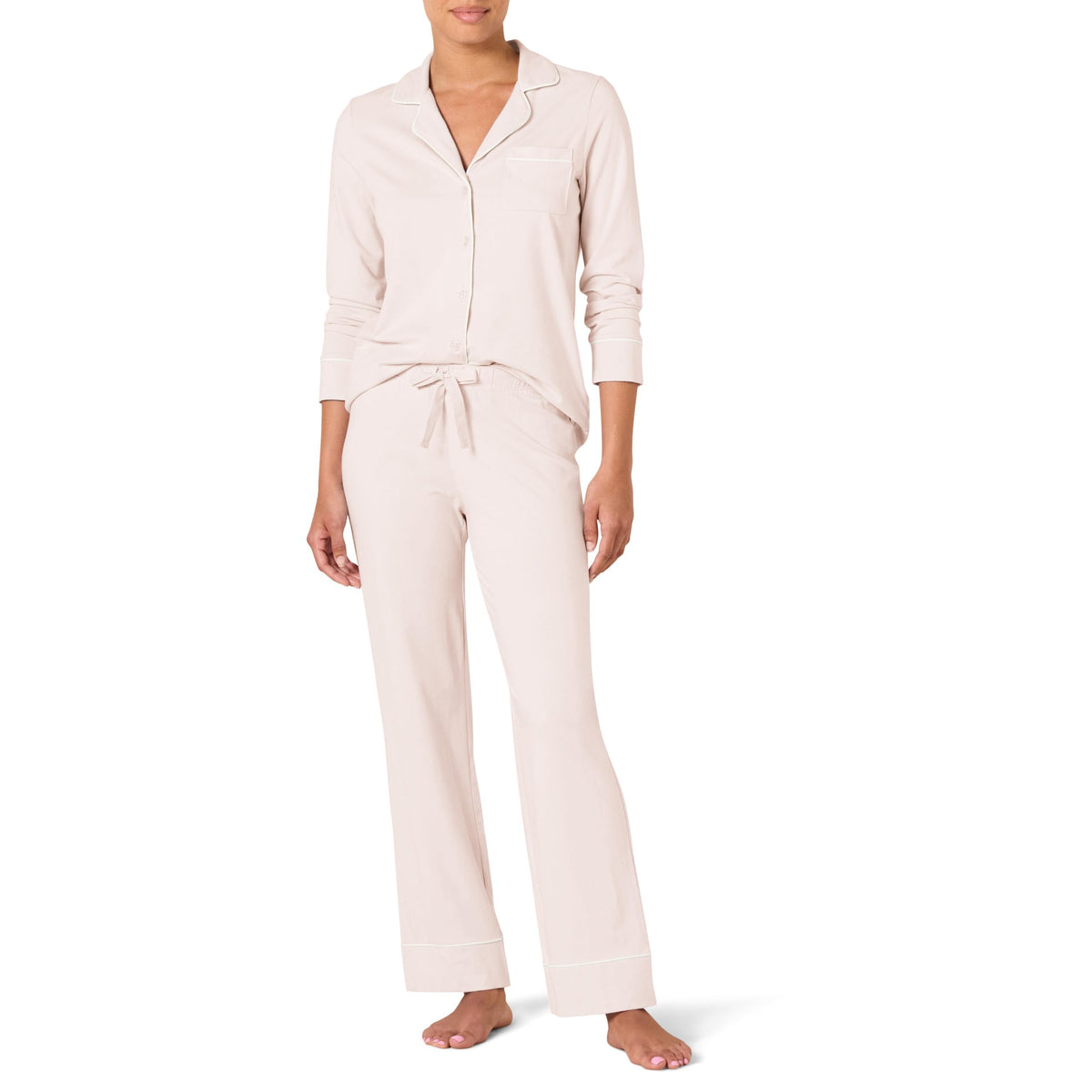 Amazon Essentials Women's Cotton Modal Long-Sleeve Notch Collar Shirt and Full-Length Elastic Waist Pajama Pant Set