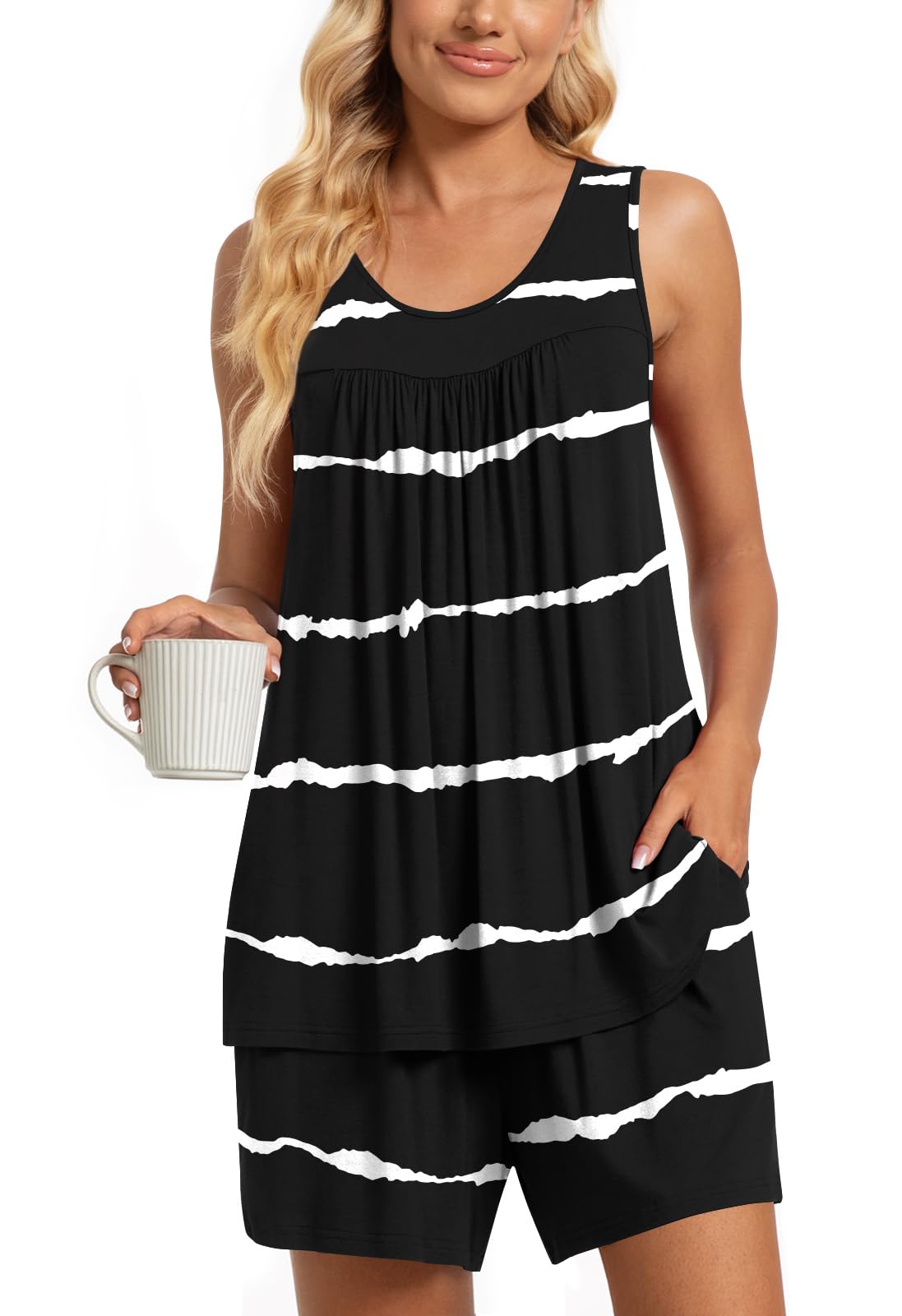 TAOHUADAO 2 Piece Women's Sleeveless Pajama Sets, Lounge Sleepwear Ladies Pjs Sets with Pockets