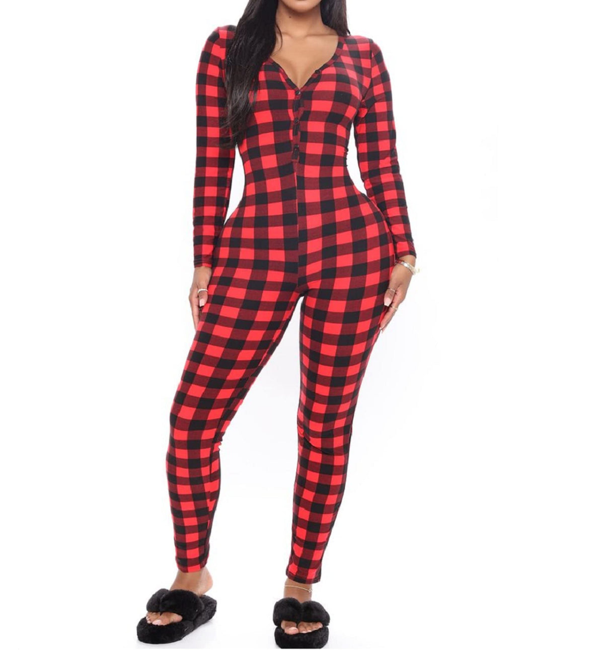 KMBANGI Women's Sexy Deep V Neck Butt Flap Pajamas One Piece Bodycon Rompers Jumpsuit with Drop Seat Plus Size