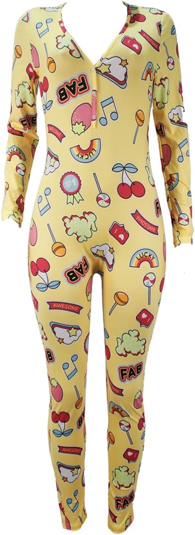 Womens Long Sleeve Button Down One Piece V Neck Bodycon Jumpsuit Pajamas