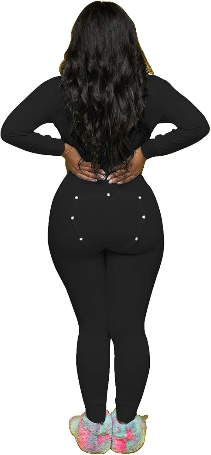 KMBANGI Women's Sexy Deep V Neck Butt Flap Pajamas One Piece Bodycon Rompers Jumpsuit with Drop Seat Plus Size