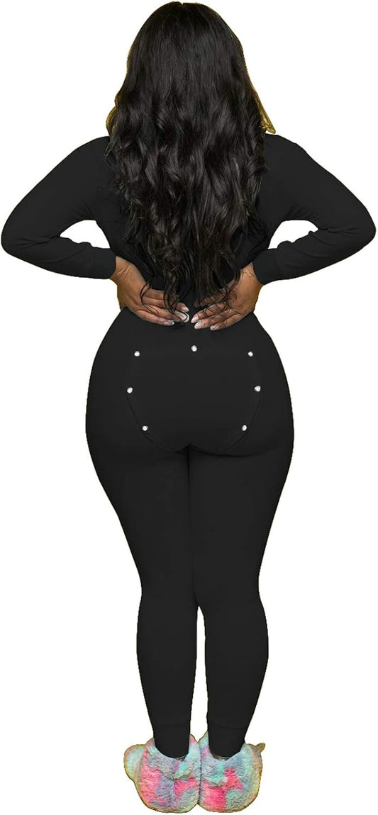 KMBANGI Women's Sexy Deep V Neck Butt Flap Pajamas One Piece Bodycon Rompers Jumpsuit with Drop Seat Plus Size