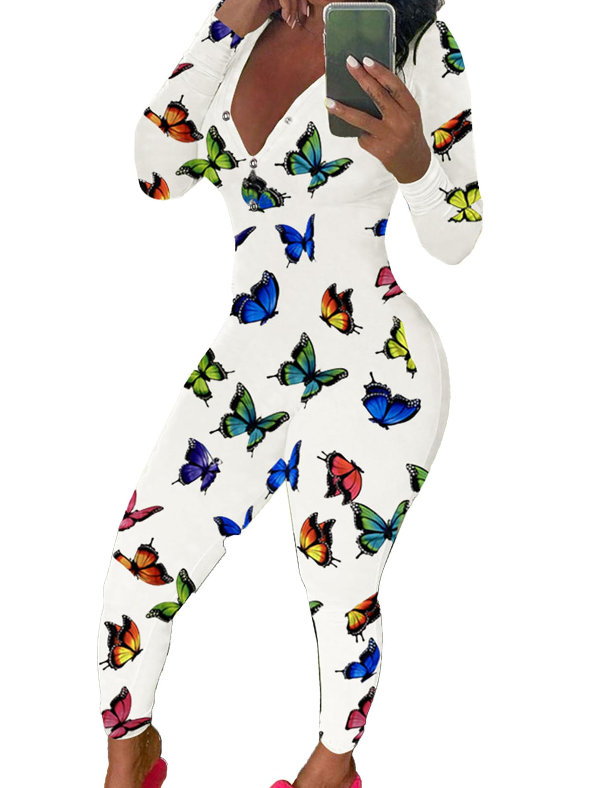 Womens Long Sleeve Button Down One Piece V Neck Bodycon Jumpsuit Pajamas