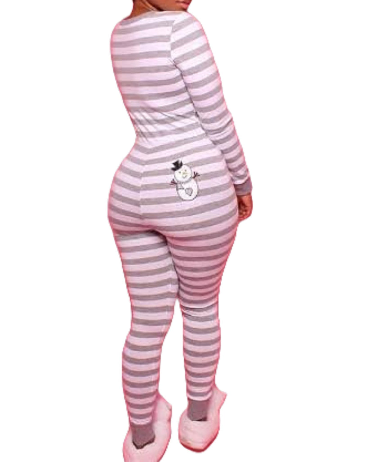 Women Christmas Button V-Neck Jumpsuit Long Sleeve Bodycon Pajama Sleepwear