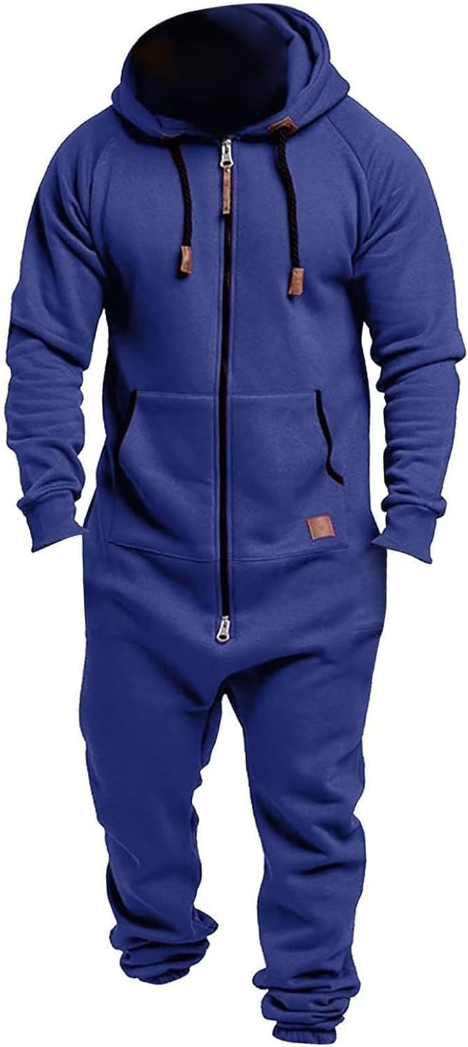 Mens Fleece Lined Hooded Jumpsuit Zip Up One Piece Pajamas Playsuit Jogger Sweatsuit Overall Romper Winter Tracksuit