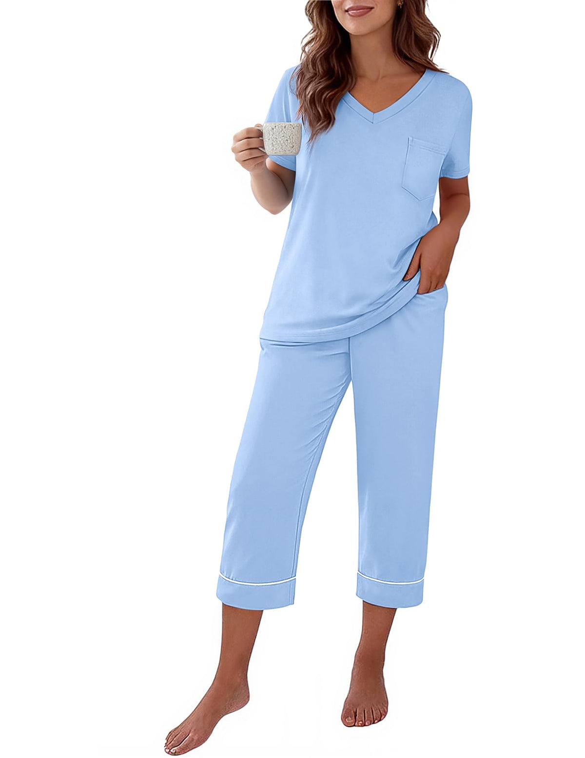 Ekouaer Cotton Pajamas for Women Set Short Sleeve Top and Capri Pants