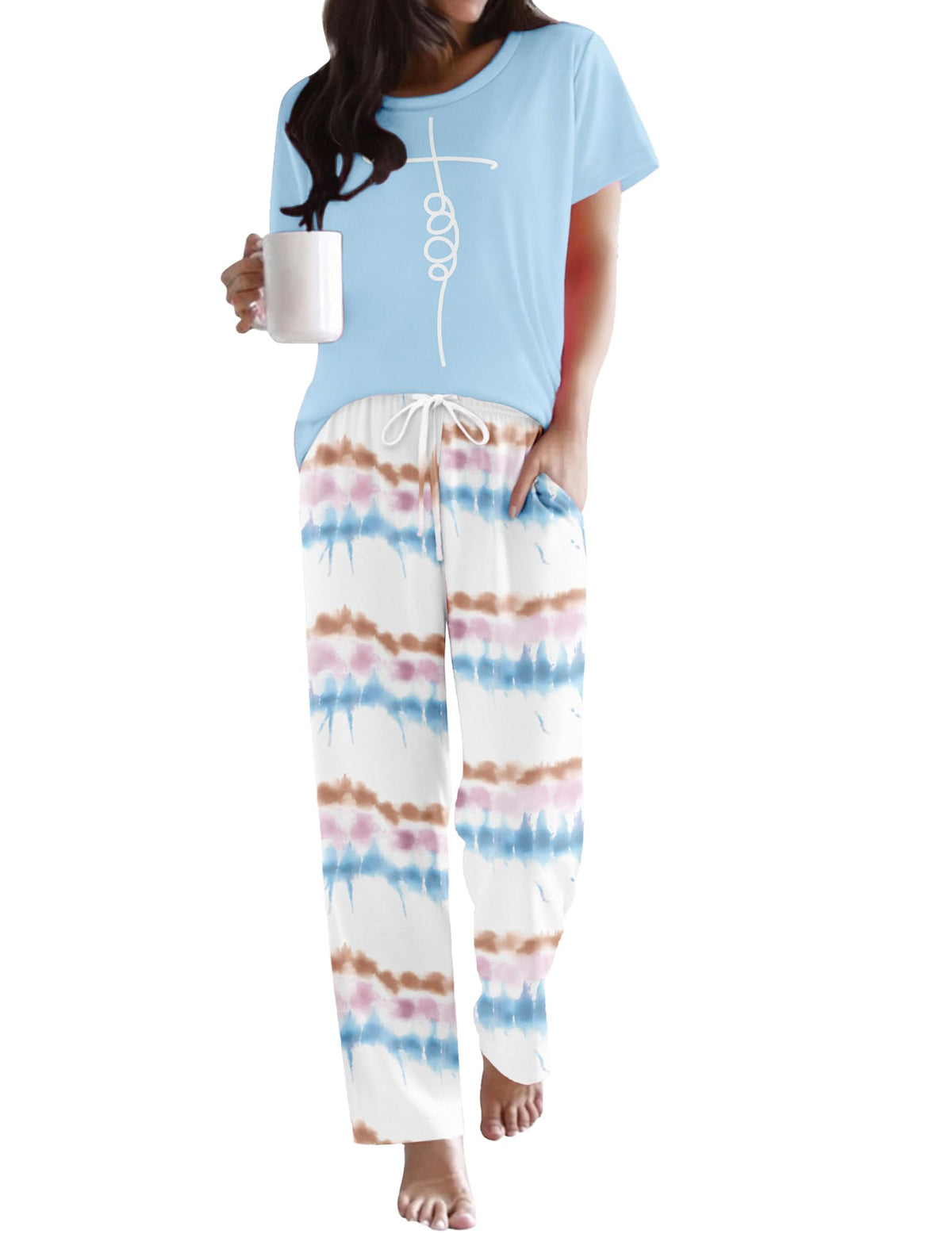 Ekouaer Womens Pajamas Sets Round Neck Pjs Loose Lounge Sets Sleepwear