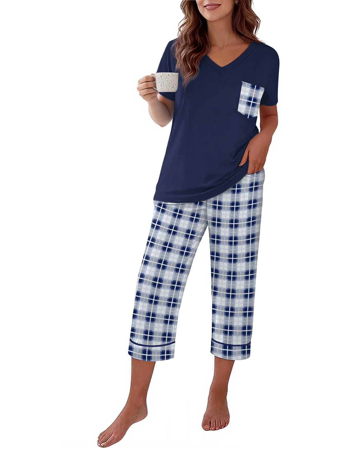 Ekouaer Cotton Pajamas for Women Set Short Sleeve Top and Capri Pants