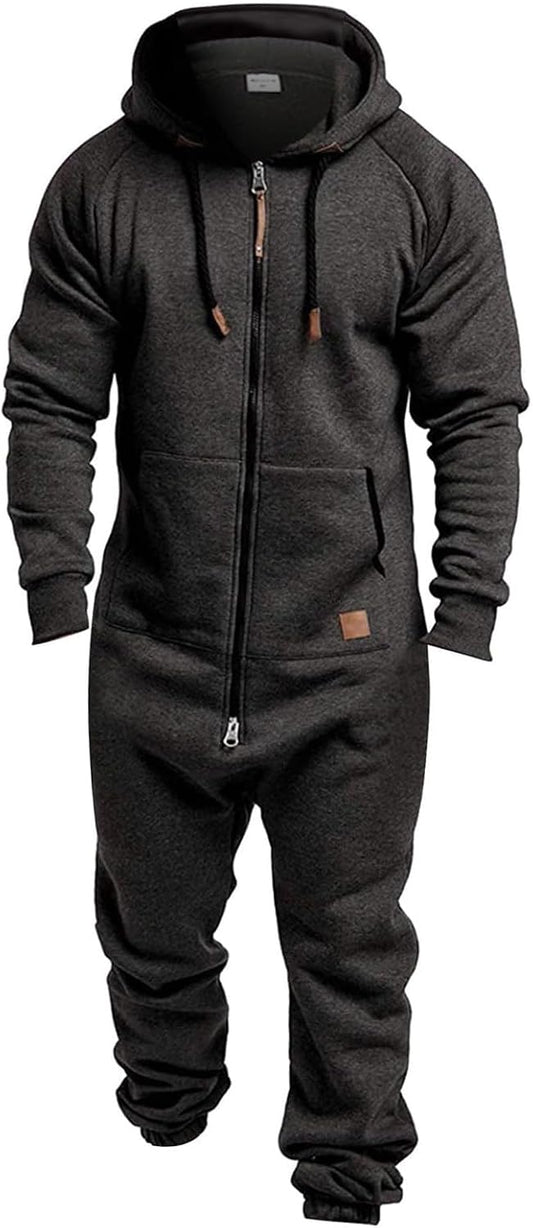 Mens Fleece Lined Hooded Jumpsuit Zip Up One Piece Pajamas Playsuit Jogger Sweatsuit Overall Romper Winter Tracksuit
