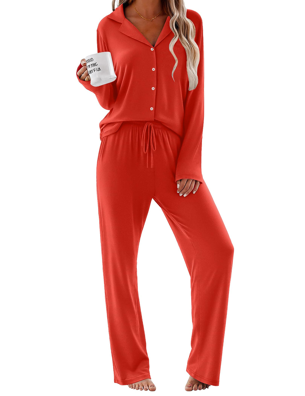 Ekouaer Pajamas for Women Set Button Up Pjs 2 Piece Long Sleeve Lounge Sets