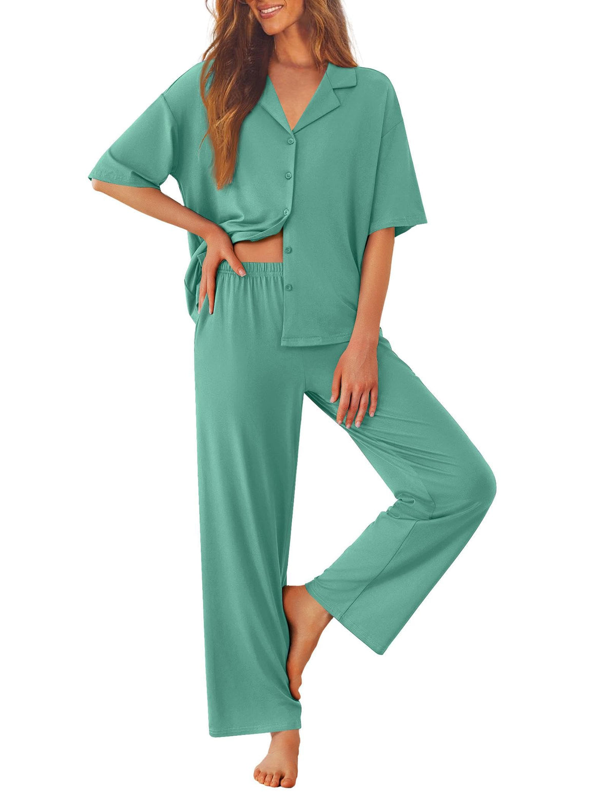 Ekouaer Women Pajamas Set Button Down Sleepwear Short Sleeve Pjs Long Pants