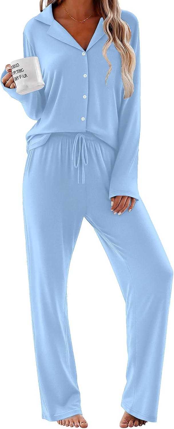 Ekouaer Pajamas for Women Set Button Up Pjs 2 Piece Long Sleeve Lounge Sets